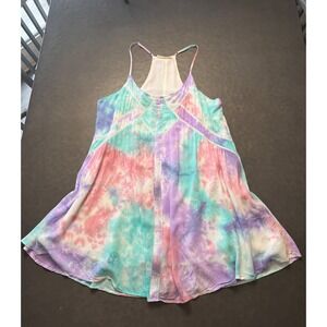 Fringe Tie Dye Mini Dress Womens Large Pastel Racerback Flowy Boho Dress